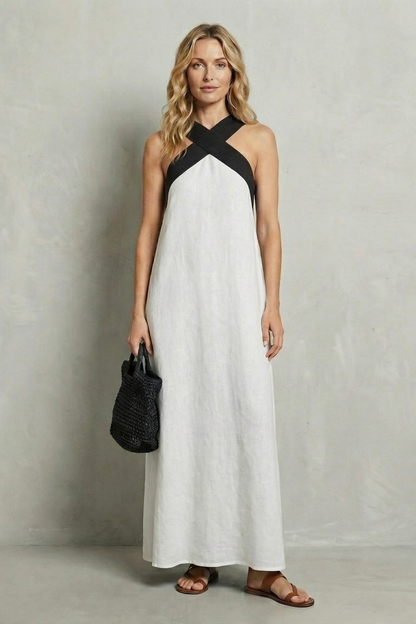 Edwina | Maxi Dress Black Linen Cross-Halter Sleeveless for Women