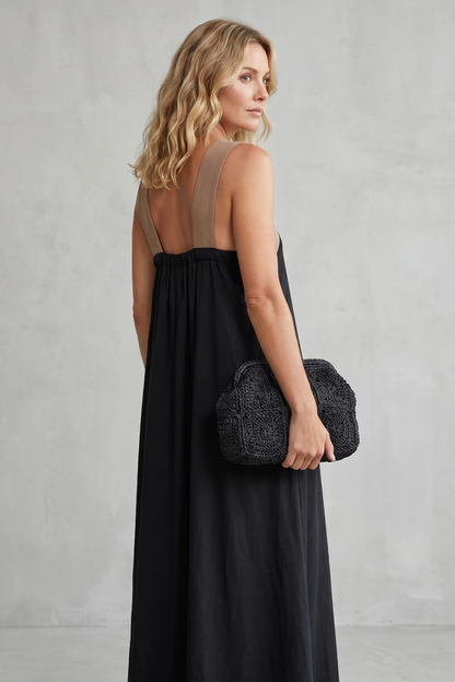 Edwina | Maxi Dress Black Linen Cross-Halter Sleeveless for Women