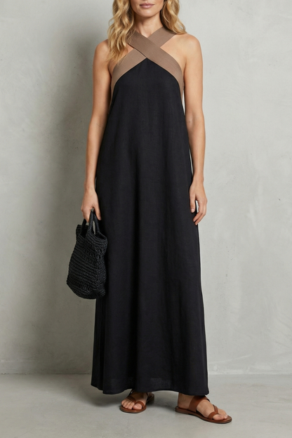 Edwina | Maxi Dress Black Linen Cross-Halter Sleeveless for Women
