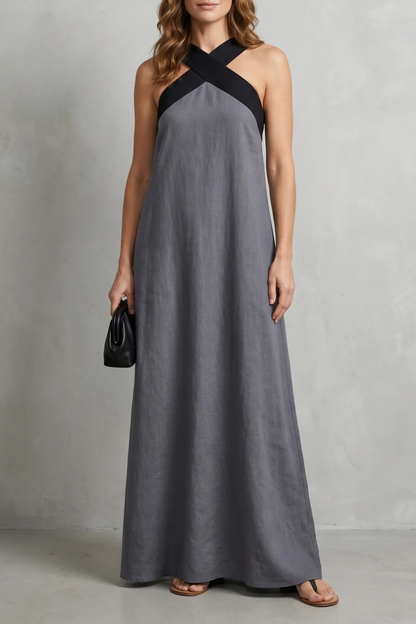 Edwina | Maxi Dress Black Linen Cross-Halter Sleeveless for Women