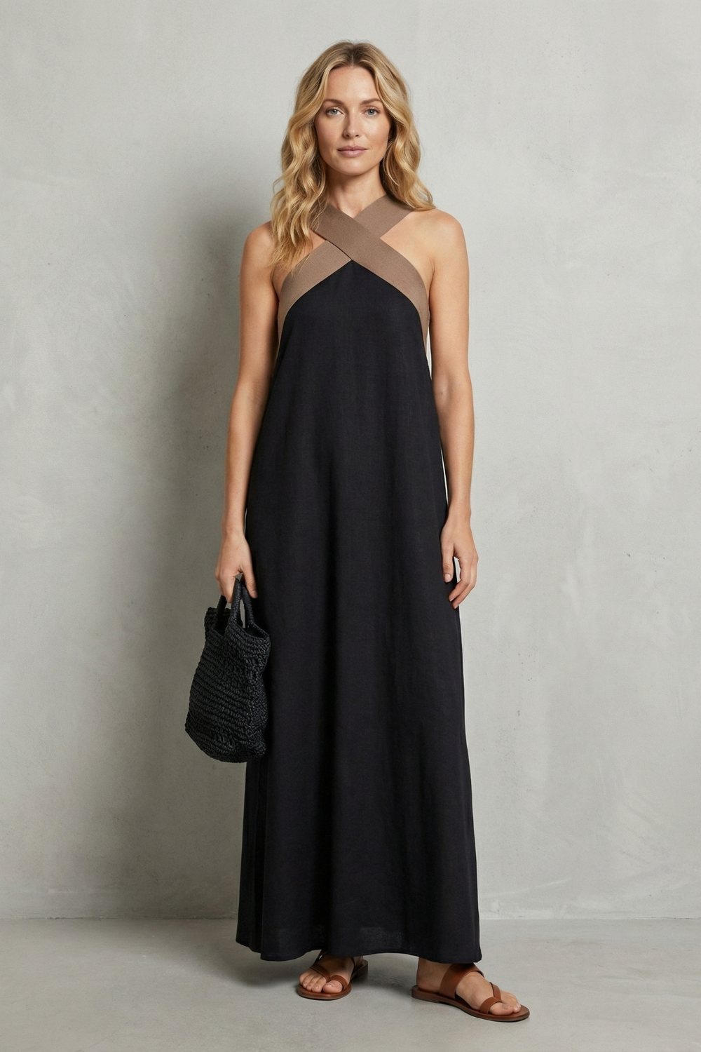 Edwina | Maxi Dress Black Linen Cross-Halter Sleeveless for Women