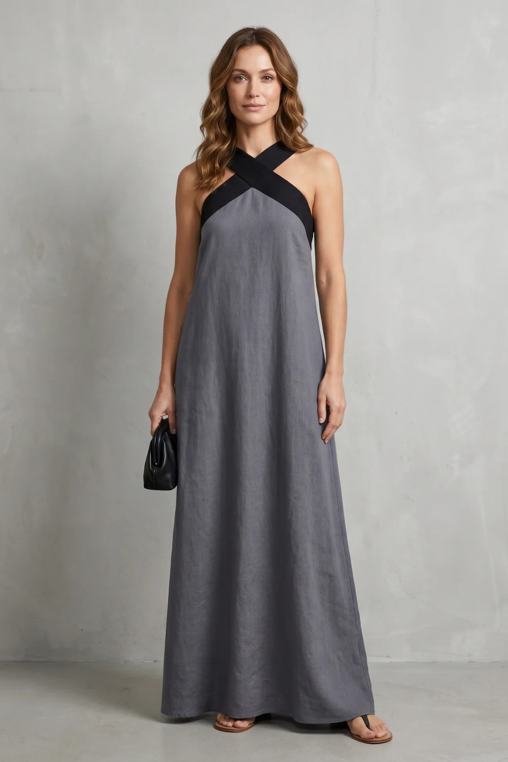 Edwina | Maxi Dress Black Linen Cross-Halter Sleeveless for Women