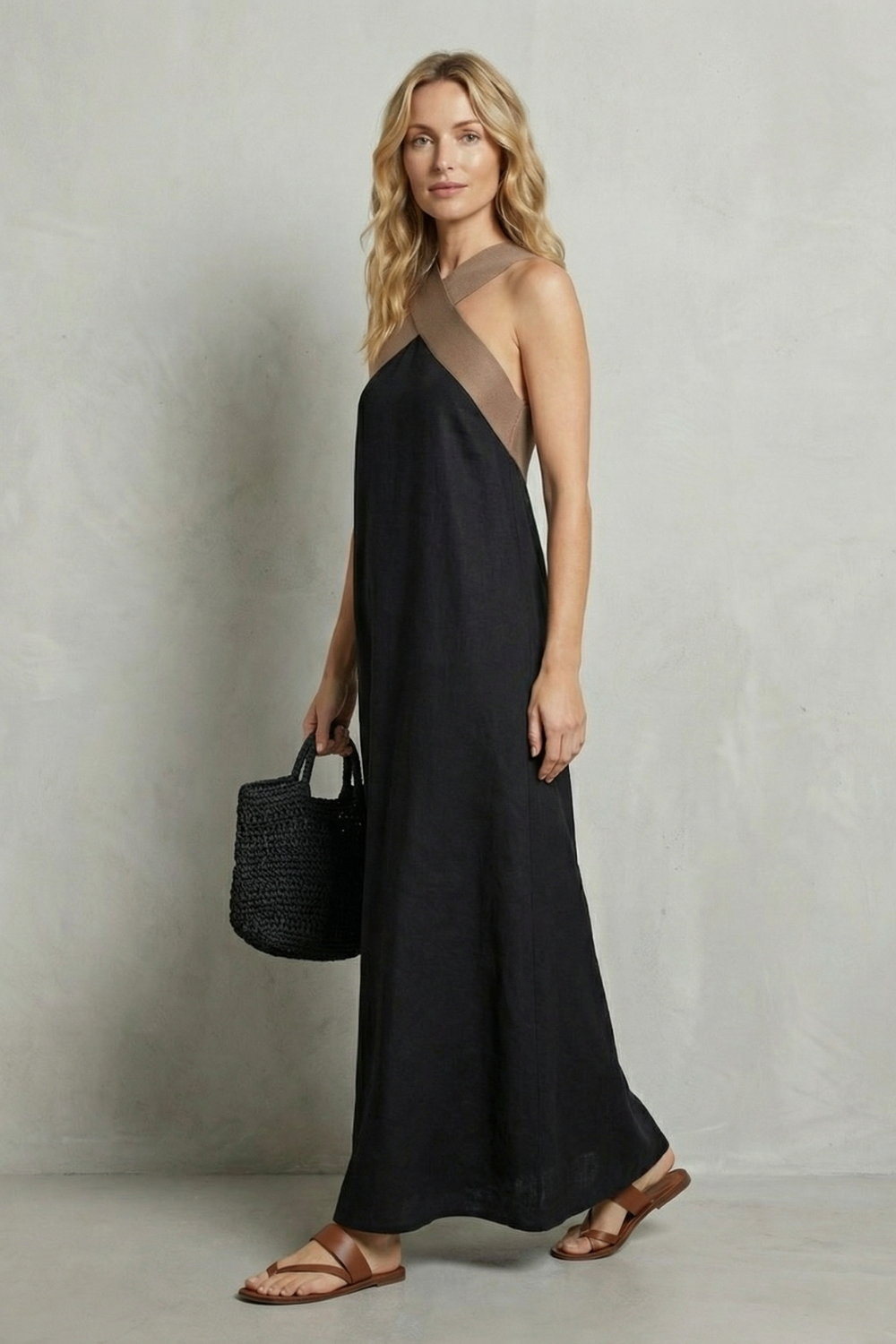 Edwina | Maxi Dress Black Linen Cross-Halter Sleeveless for Women