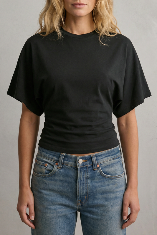 Phoebe | Cropped T-Shirt Black Cotton Round Neck Ruched Waist for Women