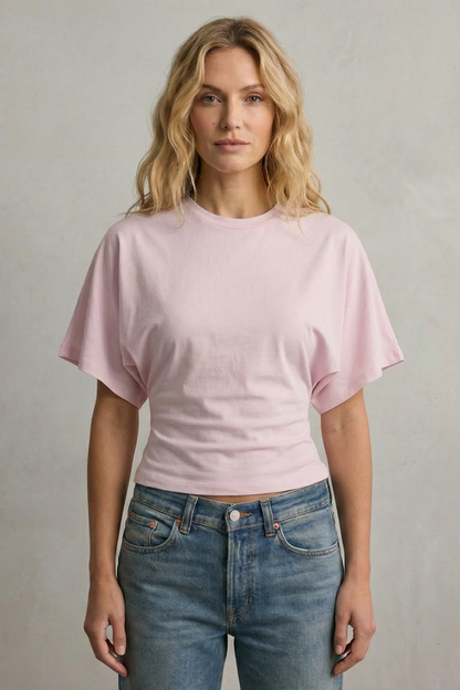 Phoebe | Cropped T-Shirt Black Cotton Round Neck Ruched Waist for Women