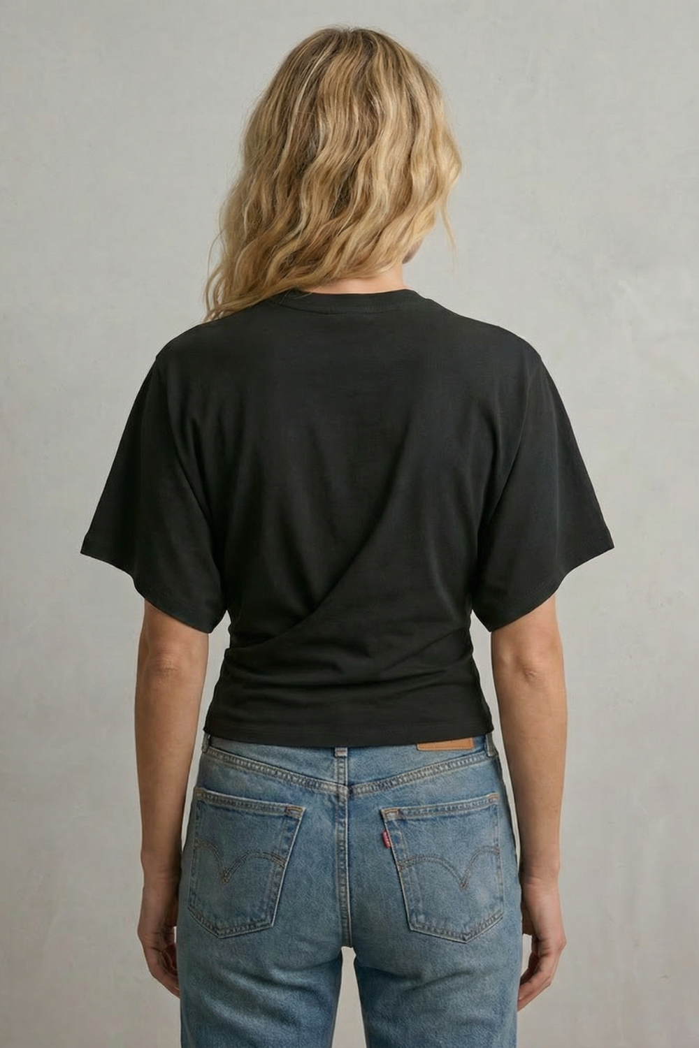 Phoebe | Cropped T-Shirt Black Cotton Round Neck Ruched Waist for Women