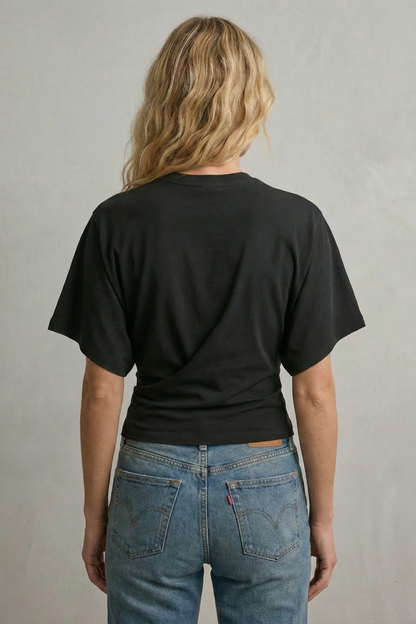 Phoebe | Cropped T-Shirt Black Cotton Round Neck Ruched Waist for Women