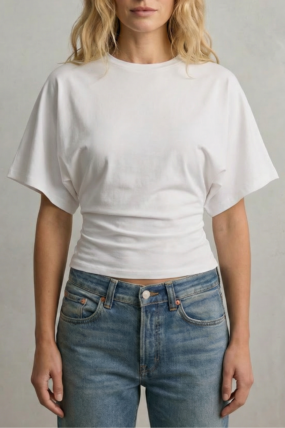 Phoebe | Cropped T-Shirt Black Cotton Round Neck Ruched Waist for Women