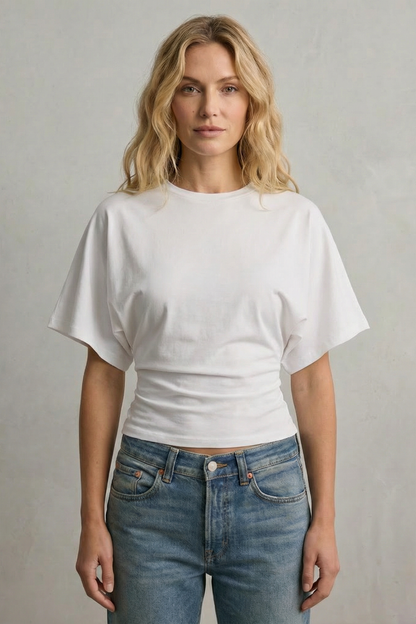 Phoebe | Cropped T-Shirt Black Cotton Round Neck Ruched Waist for Women