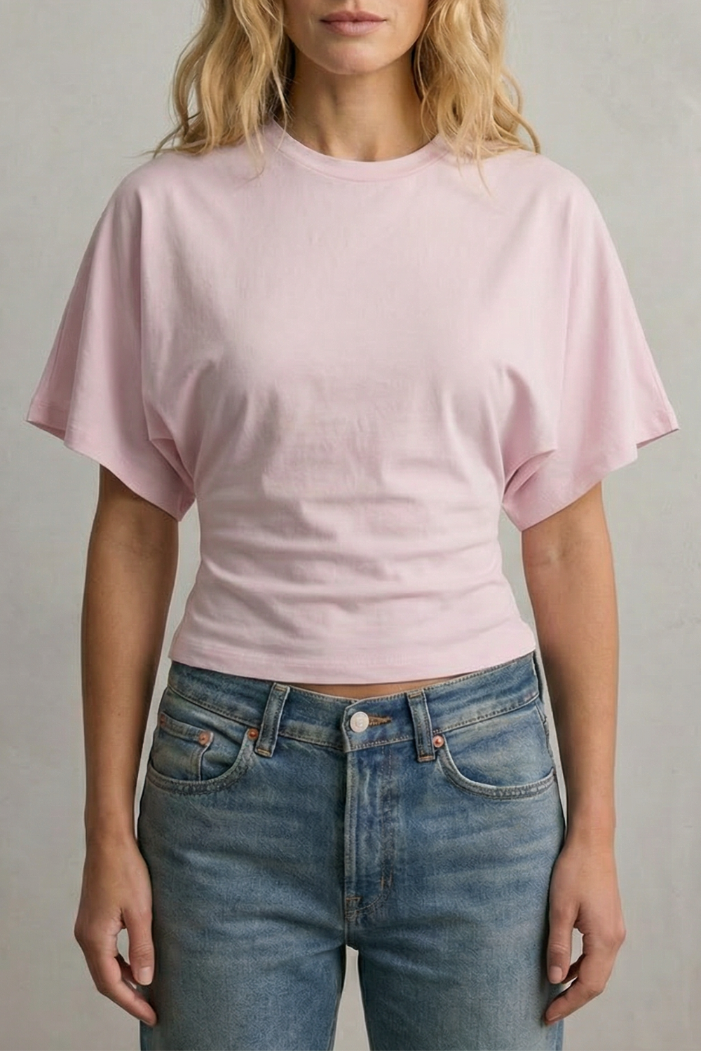 Phoebe | Cropped T-Shirt Black Cotton Round Neck Ruched Waist for Women