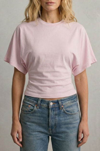 Phoebe | Cropped T-Shirt Black Cotton Round Neck Ruched Waist for Women