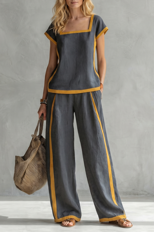 Phoebe | Two-Piece Set Slate Grey Linen Blend Cap Sleeve Wide-Leg Contrast Trim for Women