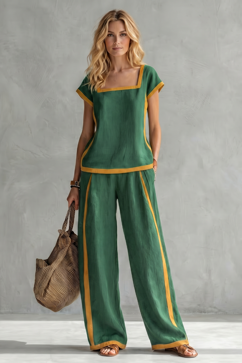Phoebe | Two-Piece Set Slate Grey Linen Blend Cap Sleeve Wide-Leg Contrast Trim for Women