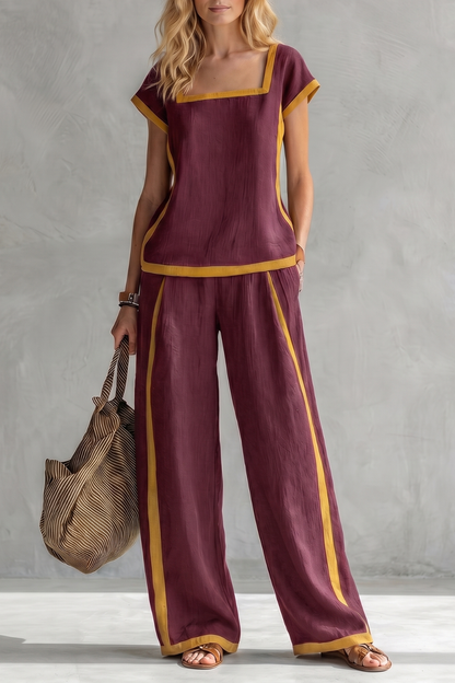 Phoebe | Two-Piece Set Slate Grey Linen Blend Cap Sleeve Wide-Leg Contrast Trim for Women
