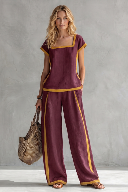 Phoebe | Two-Piece Set Slate Grey Linen Blend Cap Sleeve Wide-Leg Contrast Trim for Women