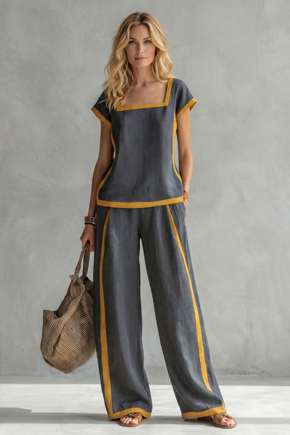 Phoebe | Two-Piece Set Slate Grey Linen Blend Cap Sleeve Wide-Leg Contrast Trim for Women