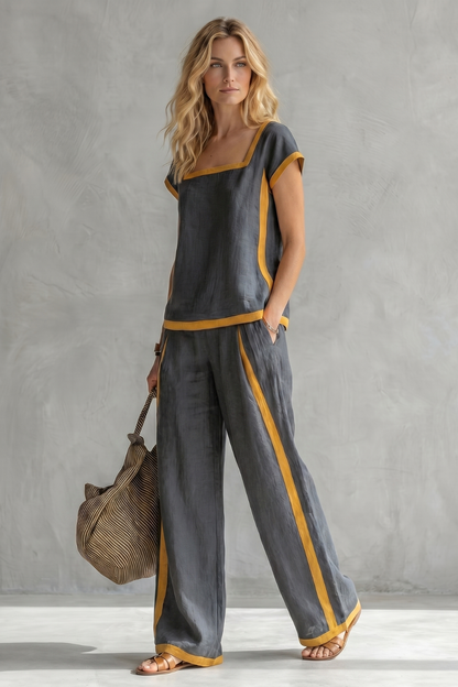 Phoebe | Two-Piece Set Slate Grey Linen Blend Cap Sleeve Wide-Leg Contrast Trim for Women