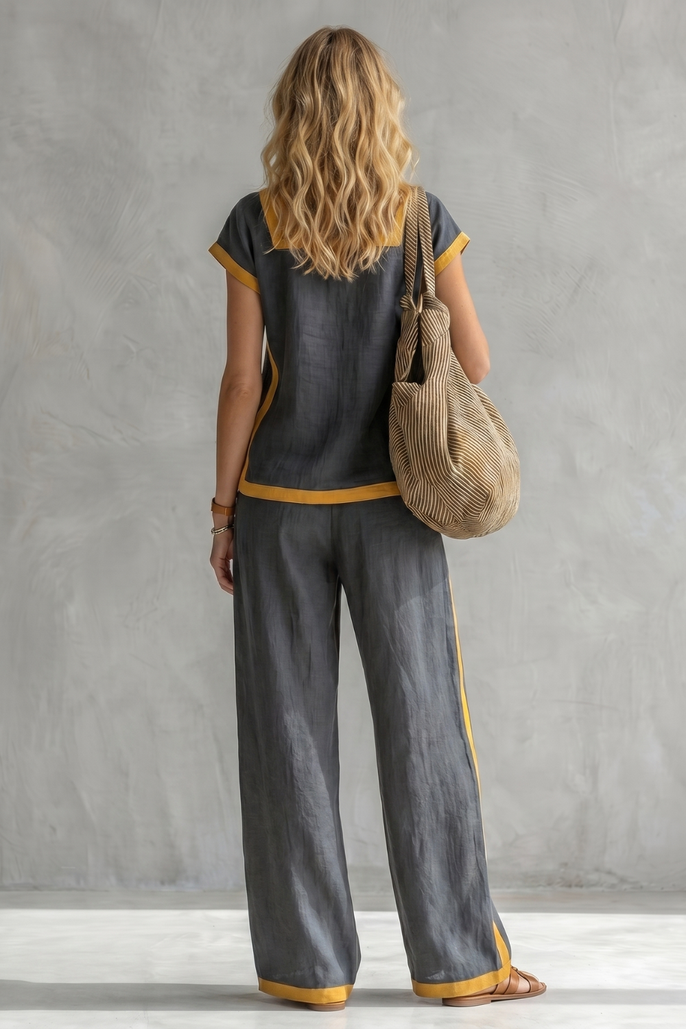 Phoebe | Two-Piece Set Slate Grey Linen Blend Cap Sleeve Wide-Leg Contrast Trim for Women