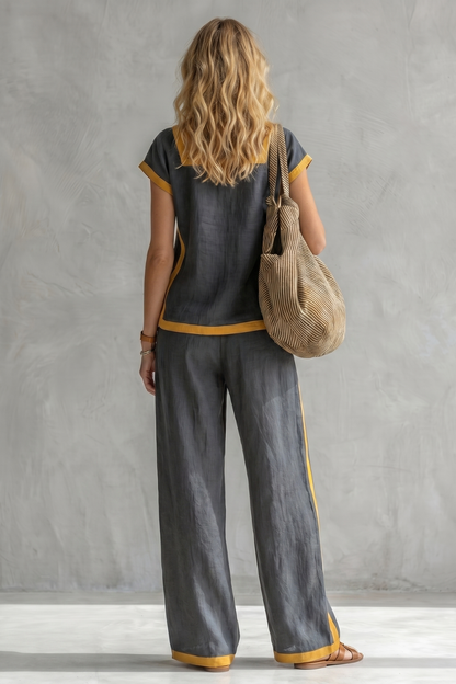 Phoebe | Two-Piece Set Slate Grey Linen Blend Cap Sleeve Wide-Leg Contrast Trim for Women