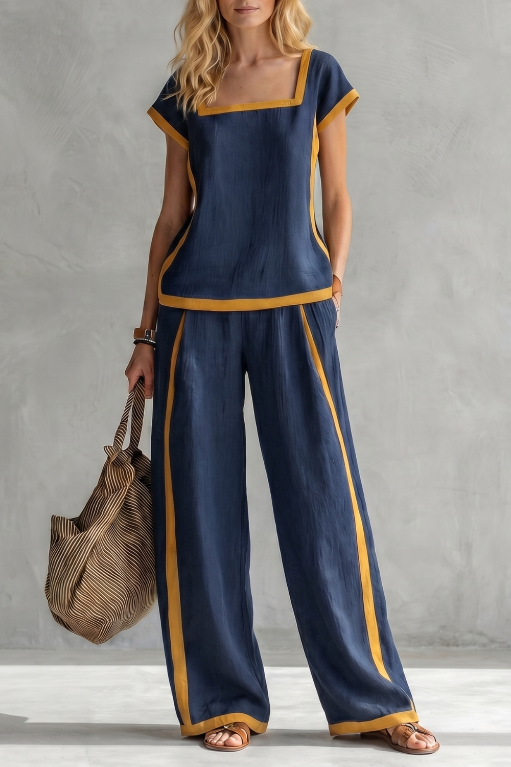 Phoebe | Two-Piece Set Slate Grey Linen Blend Cap Sleeve Wide-Leg Contrast Trim for Women
