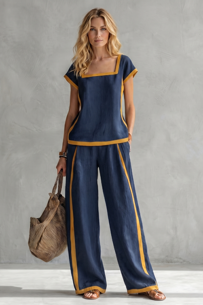 Phoebe | Two-Piece Set Slate Grey Linen Blend Cap Sleeve Wide-Leg Contrast Trim for Women