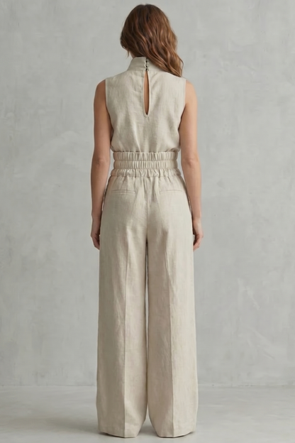 Harriet | Wide-Leg Trouser Co-Ord Set Natural Linen Sleeveless High-Neck for Women