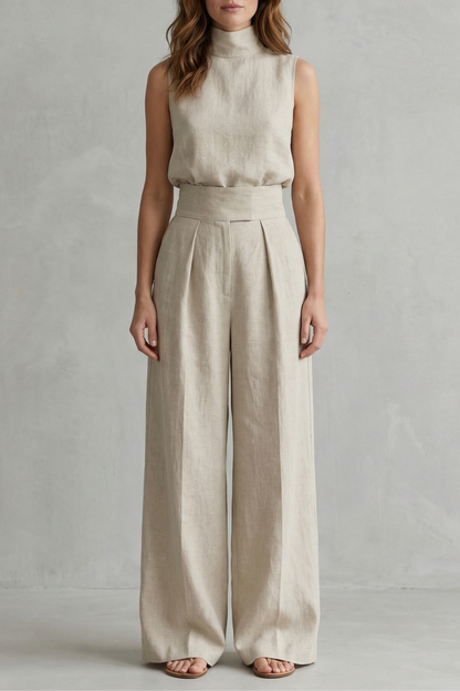 Harriet | Wide-Leg Trouser Co-Ord Set Natural Linen Sleeveless High-Neck for Women