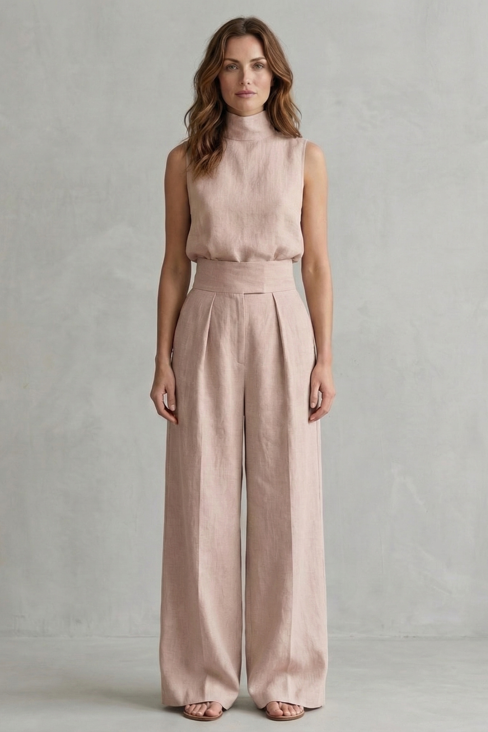 Harriet | Wide-Leg Trouser Co-Ord Set Natural Linen Sleeveless High-Neck for Women