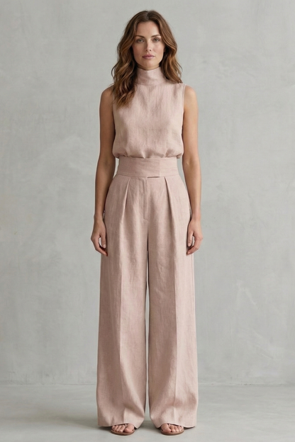 Harriet | Wide-Leg Trouser Co-Ord Set Natural Linen Sleeveless High-Neck for Women