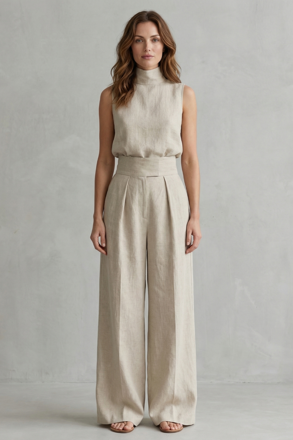 Harriet | Wide-Leg Trouser Co-Ord Set Natural Linen Sleeveless High-Neck for Women
