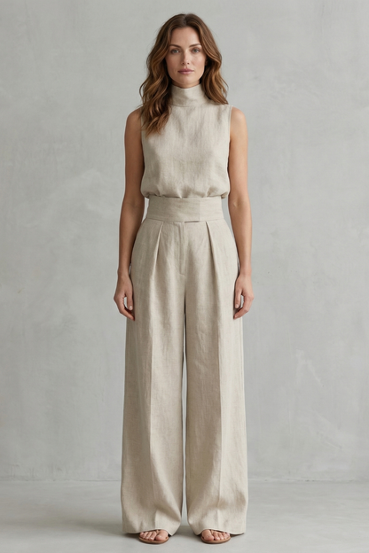 Harriet | Wide-Leg Trouser Co-Ord Set Natural Linen Sleeveless High-Neck for Women