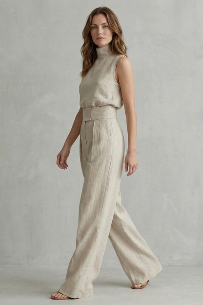 Harriet | Wide-Leg Trouser Co-Ord Set Natural Linen Sleeveless High-Neck for Women