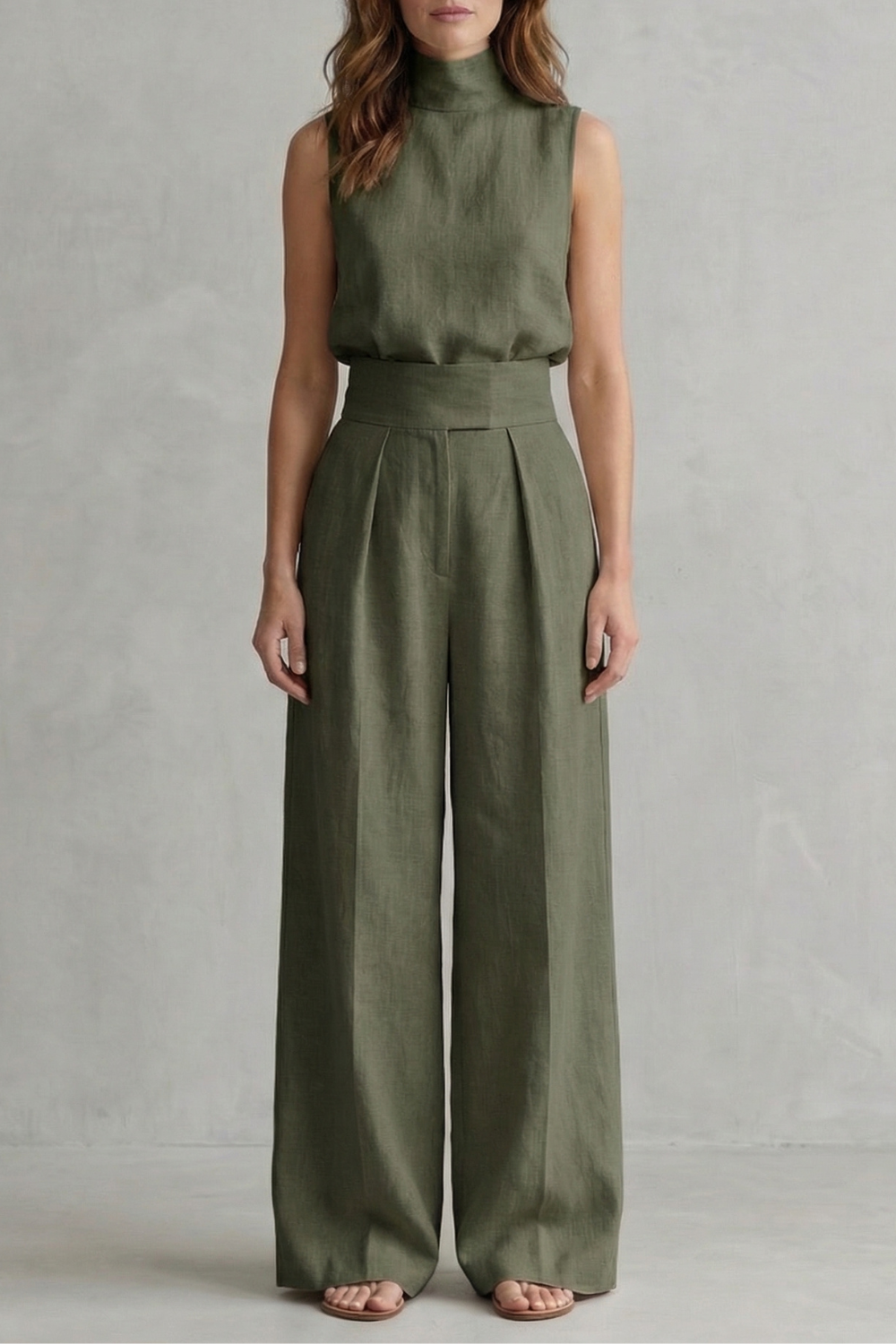 Harriet | Wide-Leg Trouser Co-Ord Set Natural Linen Sleeveless High-Neck for Women