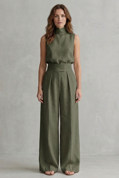Harriet | Wide-Leg Trouser Co-Ord Set Natural Linen Sleeveless High-Neck for Women