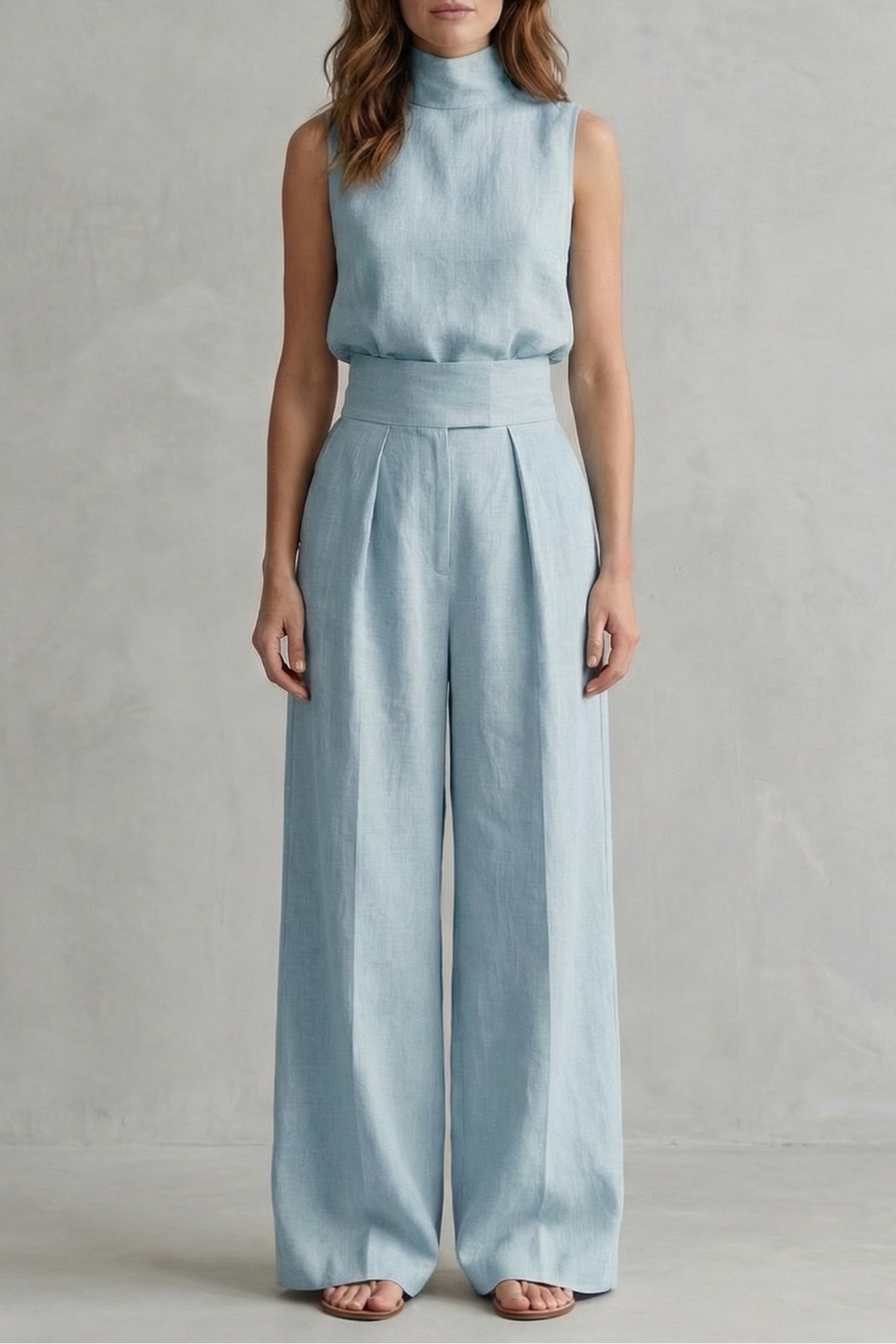 Harriet | Wide-Leg Trouser Co-Ord Set Natural Linen Sleeveless High-Neck for Women