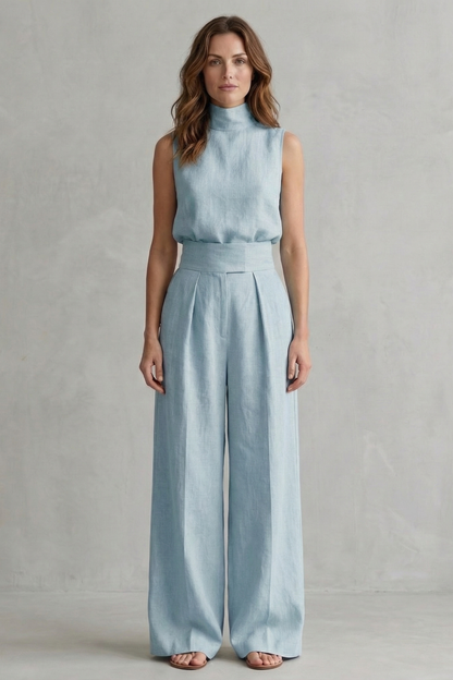 Harriet | Wide-Leg Trouser Co-Ord Set Natural Linen Sleeveless High-Neck for Women