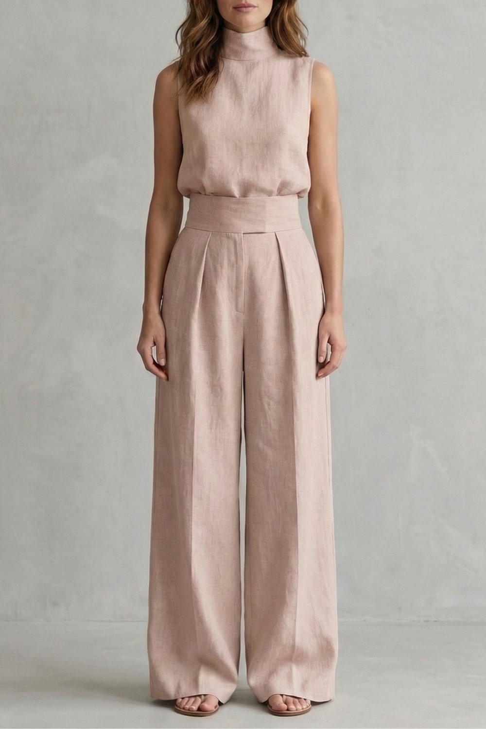 Harriet | Wide-Leg Trouser Co-Ord Set Natural Linen Sleeveless High-Neck for Women