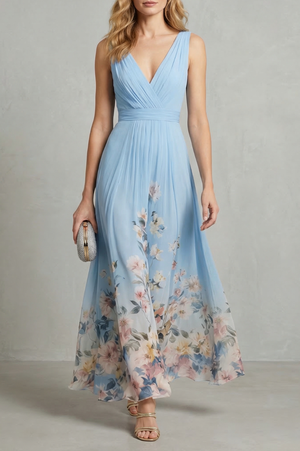 Mabel | Maxi Dress Blue Floral Chiffon V-Neck Sleeveless for Women
