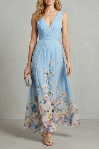 Mabel | Maxi Dress Blue Floral Chiffon V-Neck Sleeveless for Women