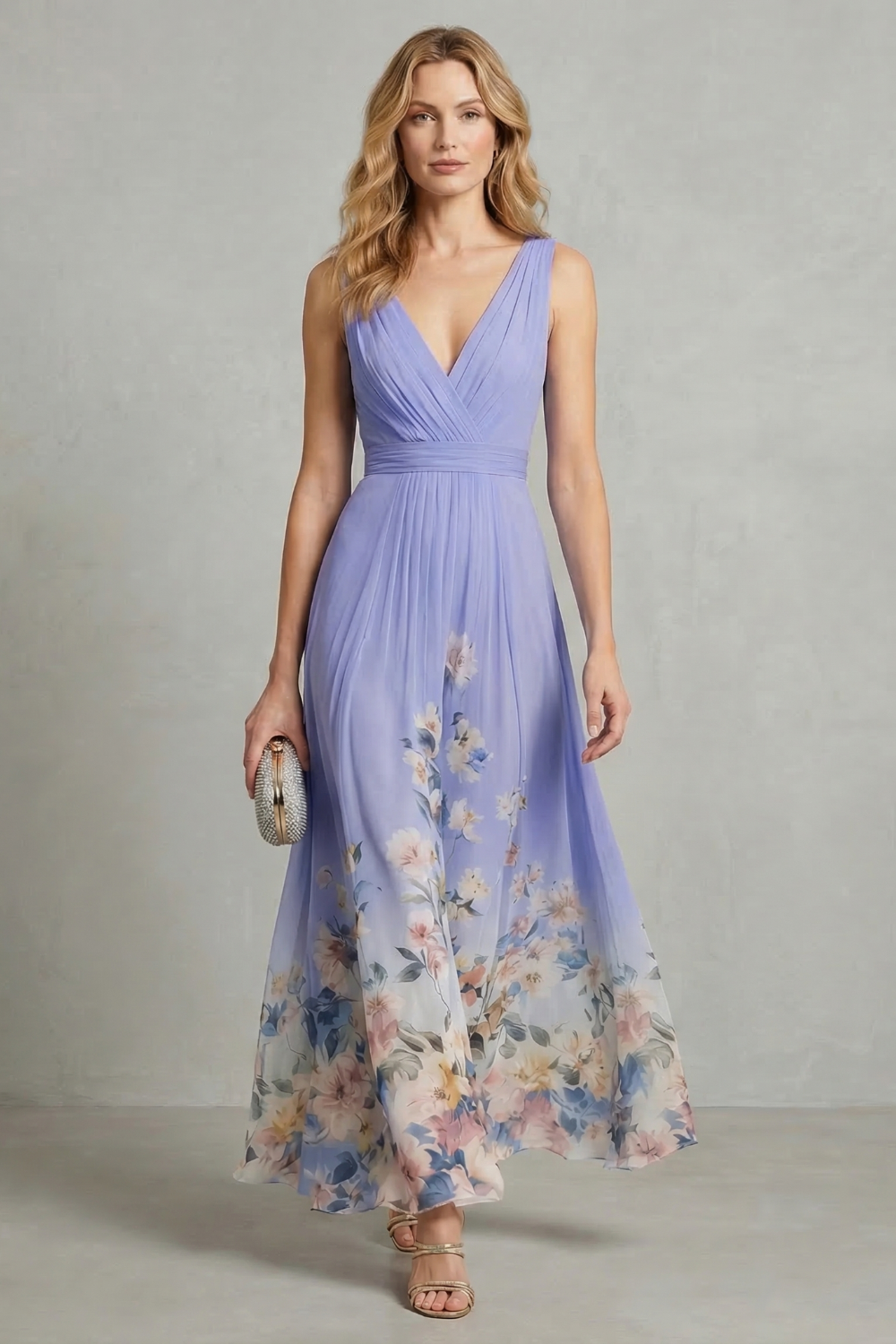 Mabel | Maxi Dress Blue Floral Chiffon V-Neck Sleeveless for Women