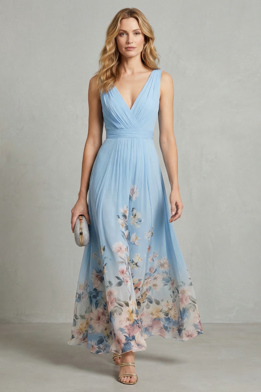 Mabel | Maxi Dress Blue Floral Chiffon V-Neck Sleeveless for Women