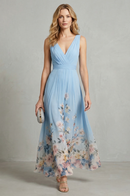 Mabel | Maxi Dress Blue Floral Chiffon V-Neck Sleeveless for Women