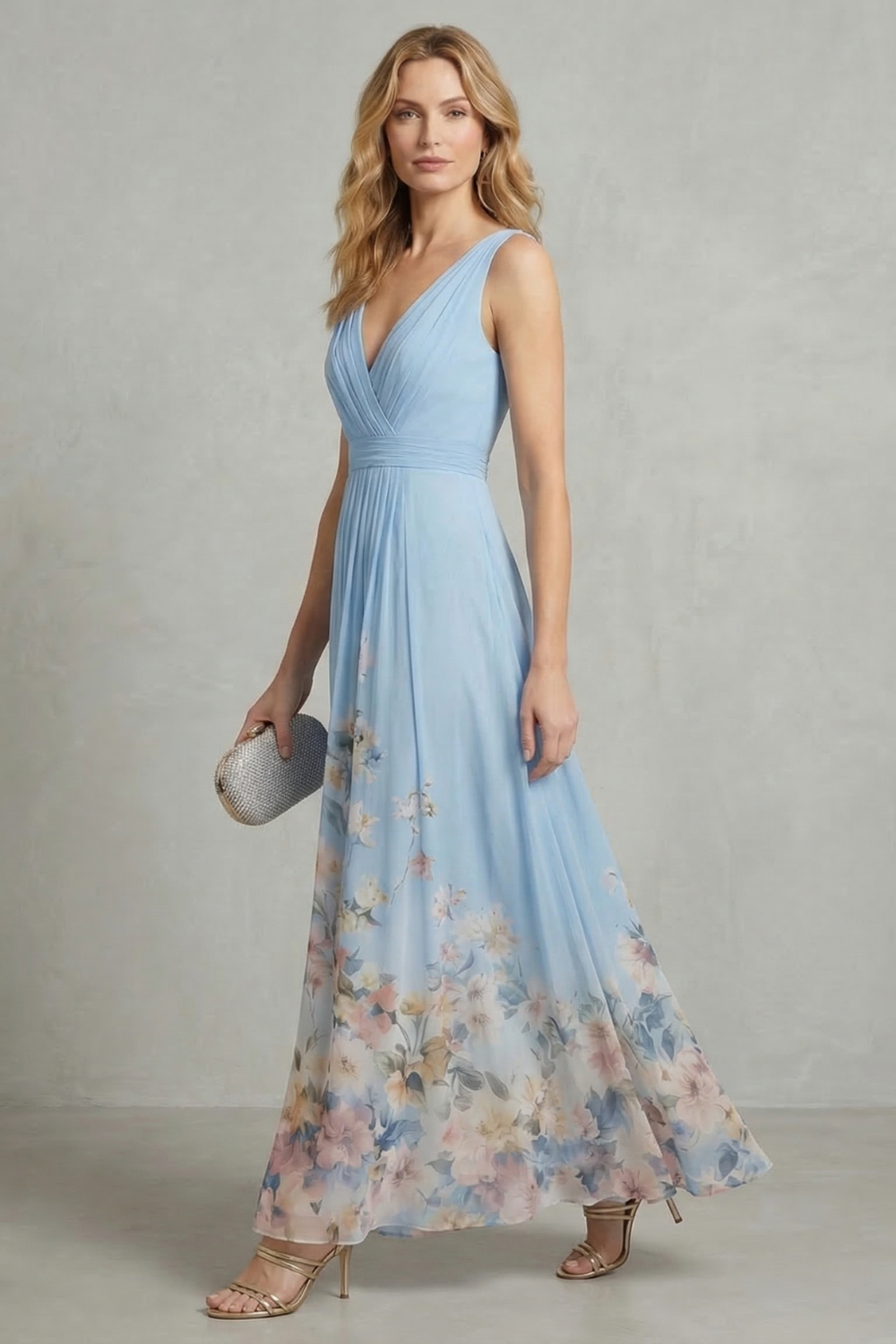 Mabel | Maxi Dress Blue Floral Chiffon V-Neck Sleeveless for Women