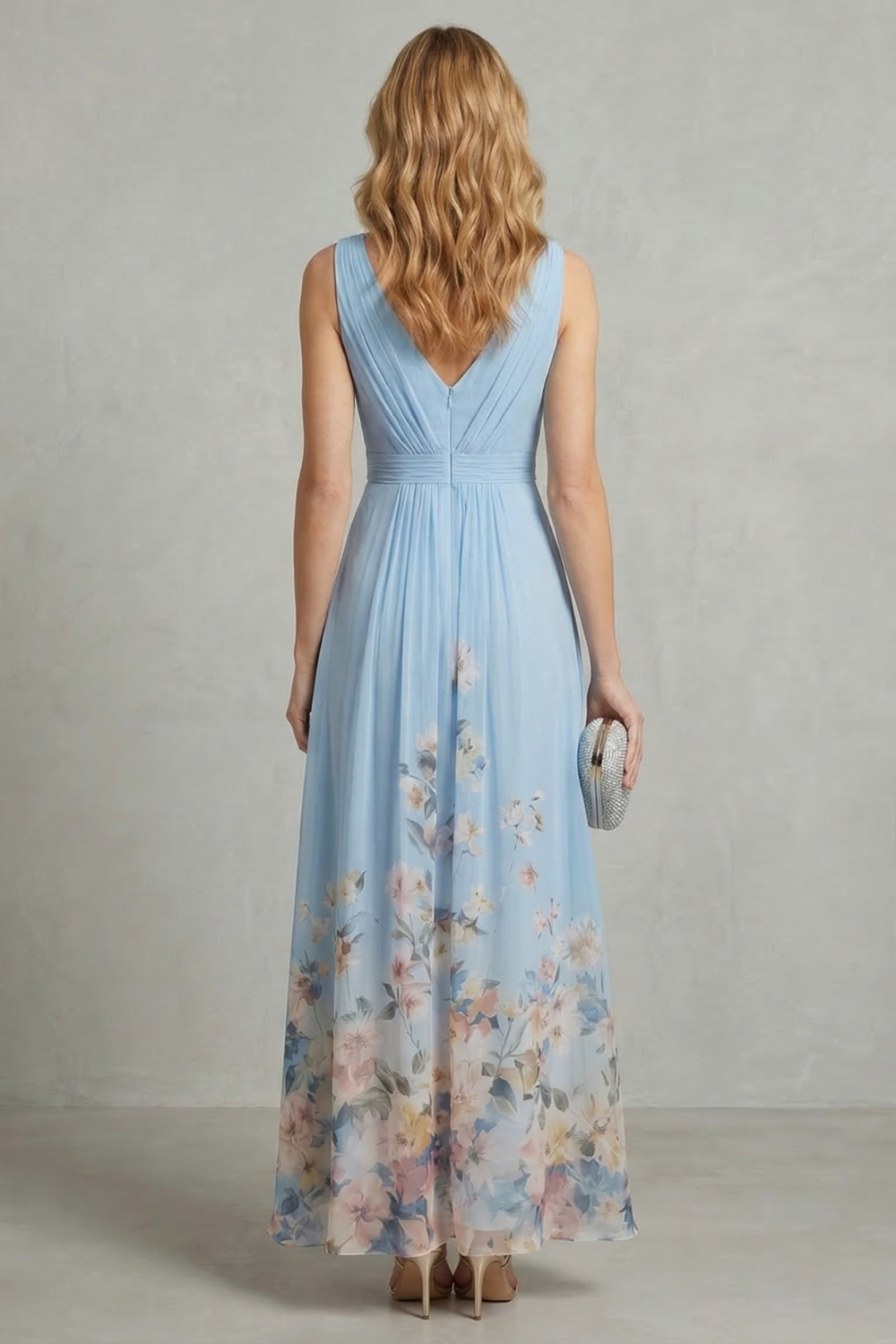 Mabel | Maxi Dress Blue Floral Chiffon V-Neck Sleeveless for Women