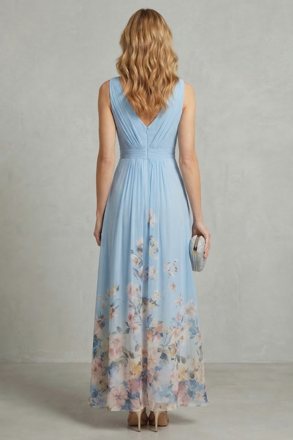 Mabel | Maxi Dress Blue Floral Chiffon V-Neck Sleeveless for Women