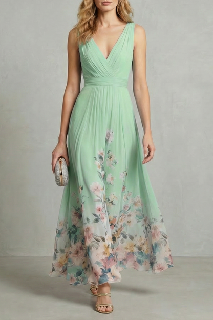 Mabel | Maxi Dress Blue Floral Chiffon V-Neck Sleeveless for Women