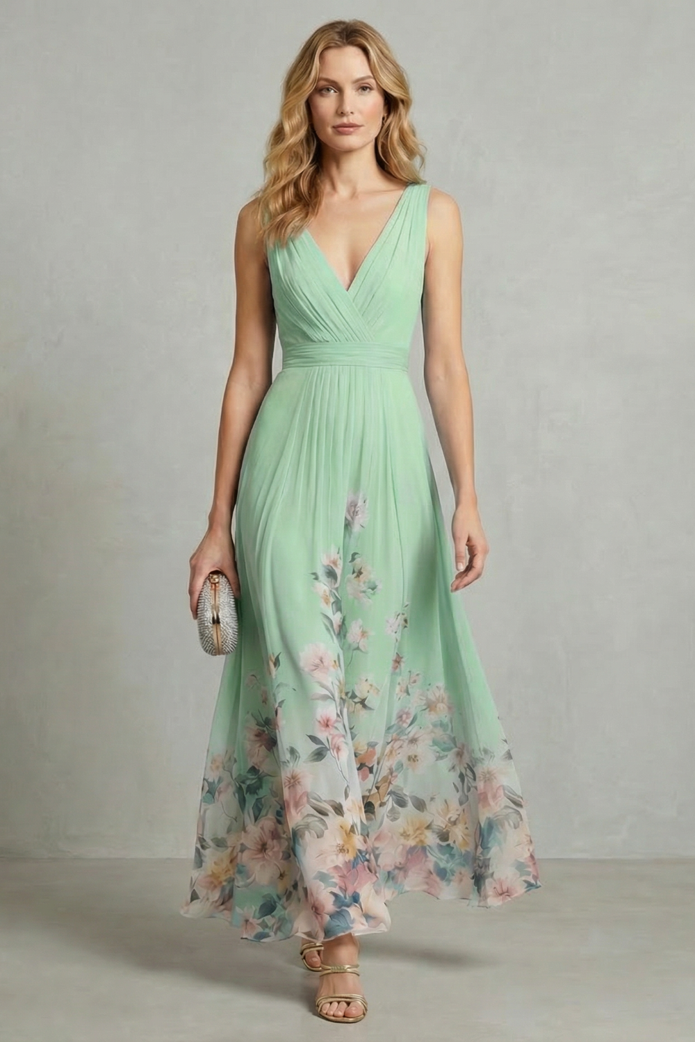 Mabel | Maxi Dress Blue Floral Chiffon V-Neck Sleeveless for Women
