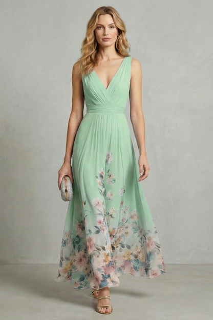 Mabel | Maxi Dress Blue Floral Chiffon V-Neck Sleeveless for Women