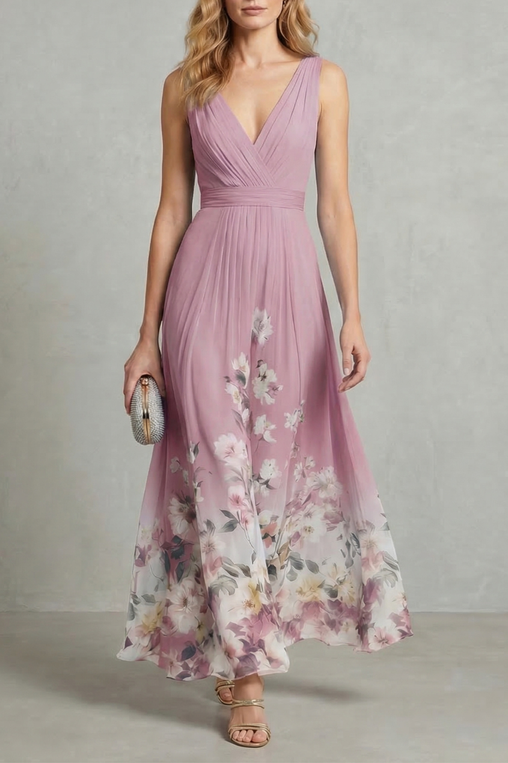 Mabel | Maxi Dress Blue Floral Chiffon V-Neck Sleeveless for Women