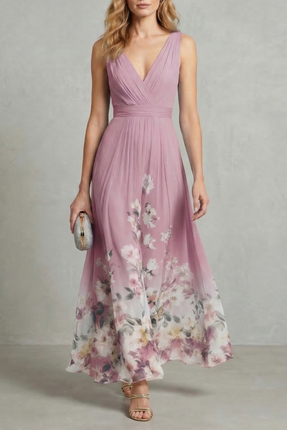 Mabel | Maxi Dress Blue Floral Chiffon V-Neck Sleeveless for Women